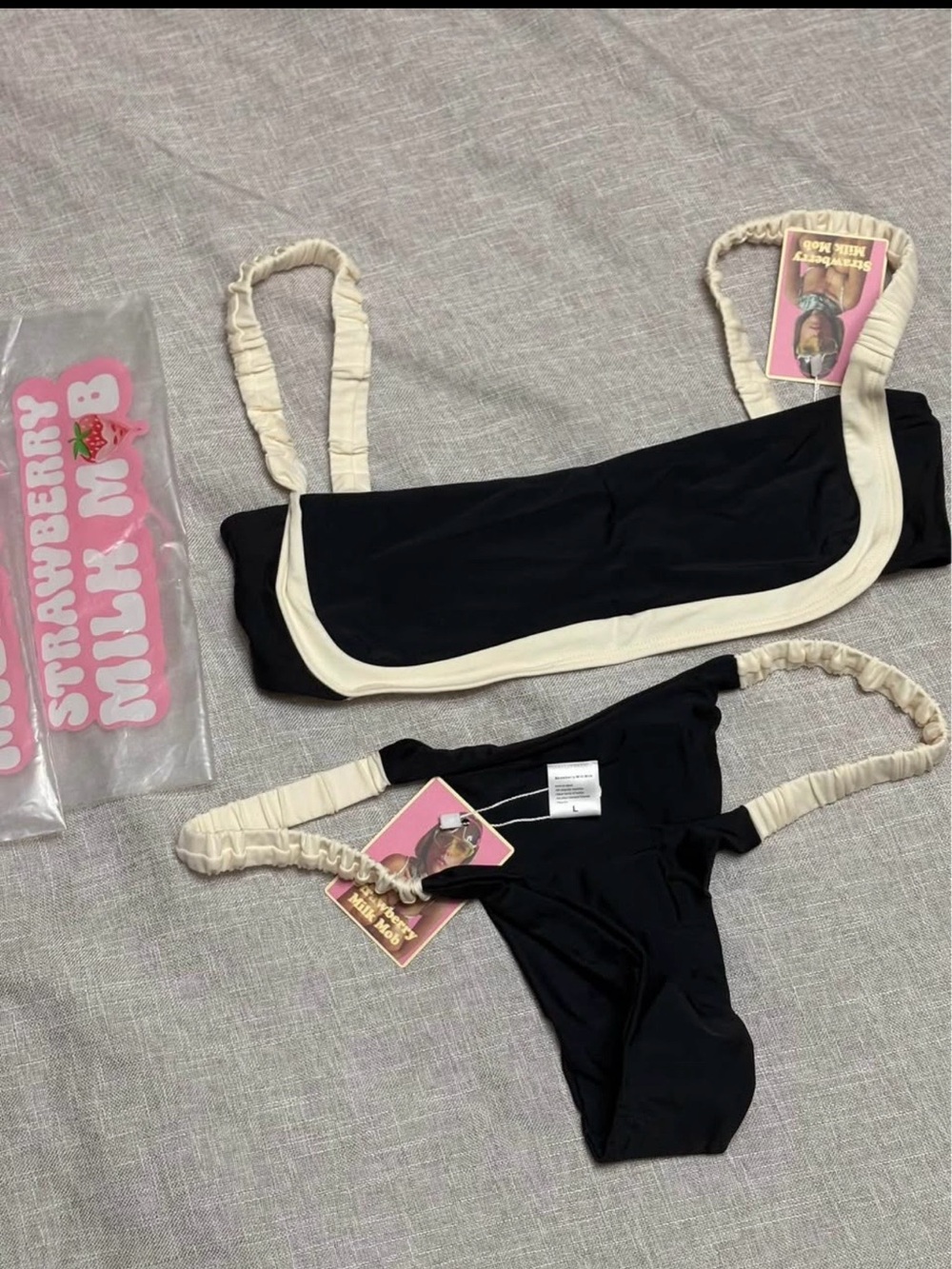 Strawberry Milk Mob Black Bikini with Cream Ruched Straps